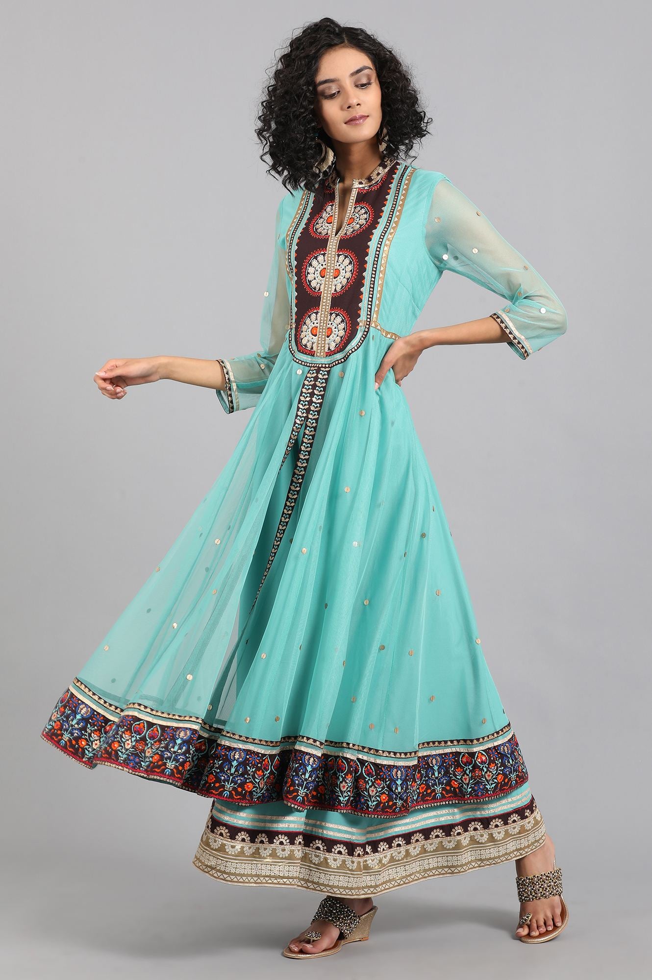 Green Mandarin Neck Layered kurta