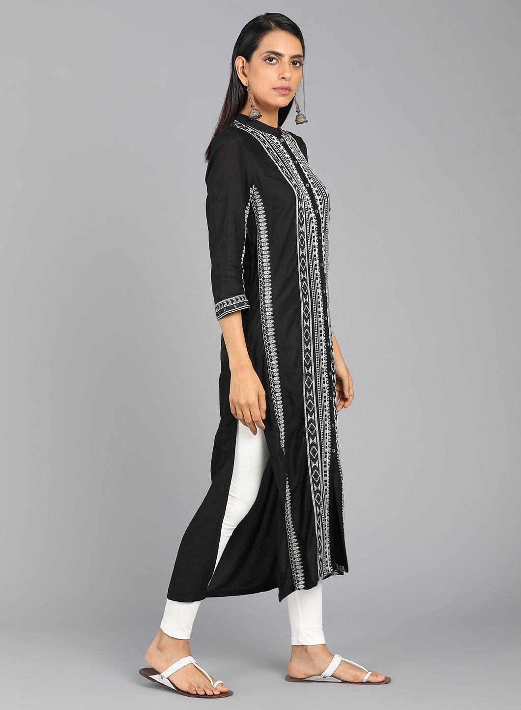 Black Mandarin Neck Printed kurta - wforwoman