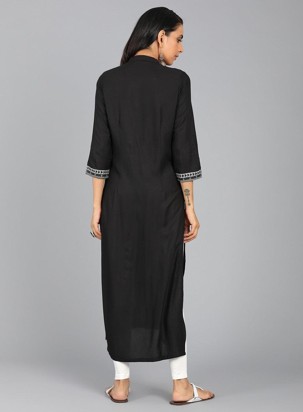 Black Mandarin Neck Printed kurta - wforwoman