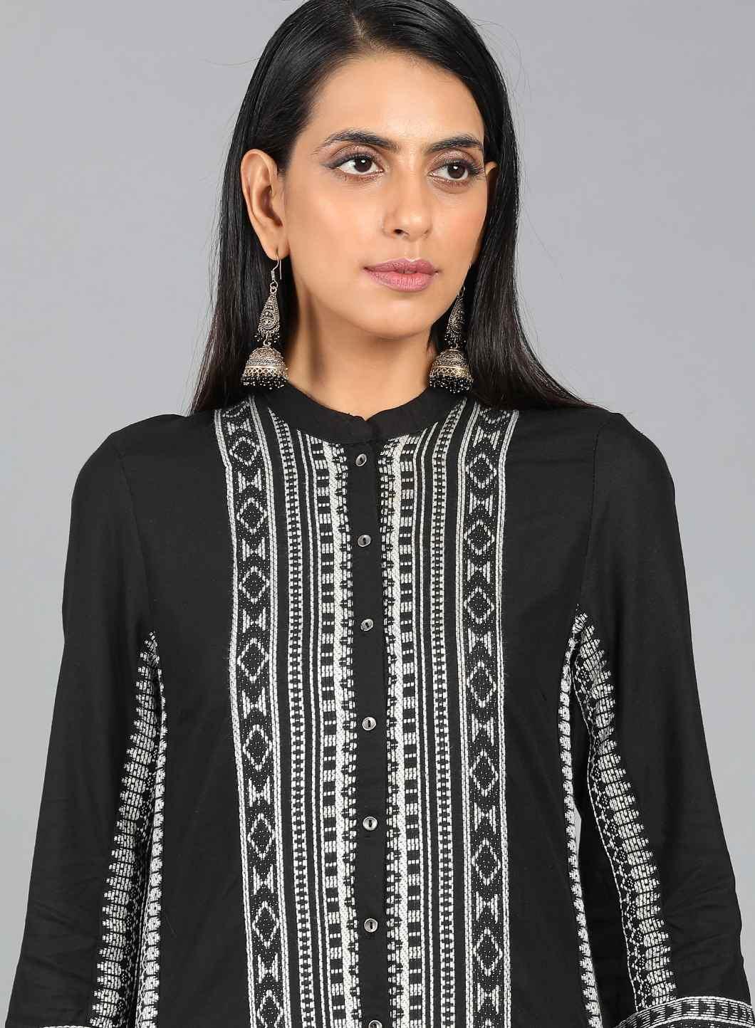 Black Mandarin Neck Printed kurta - wforwoman