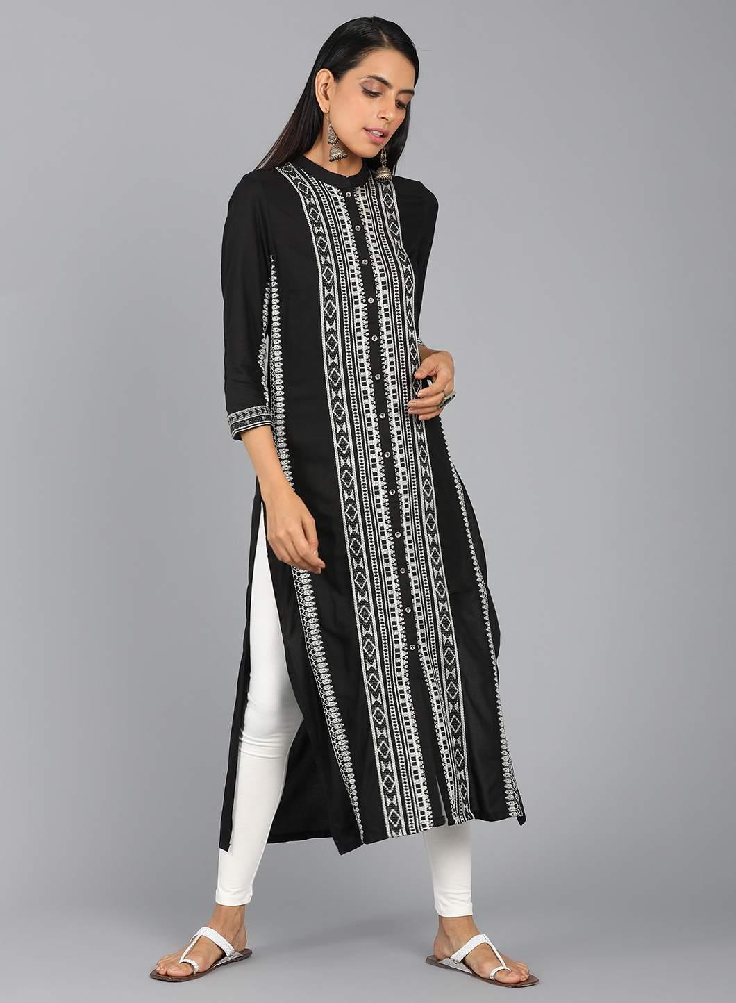 Black Mandarin Neck Printed kurta - wforwoman