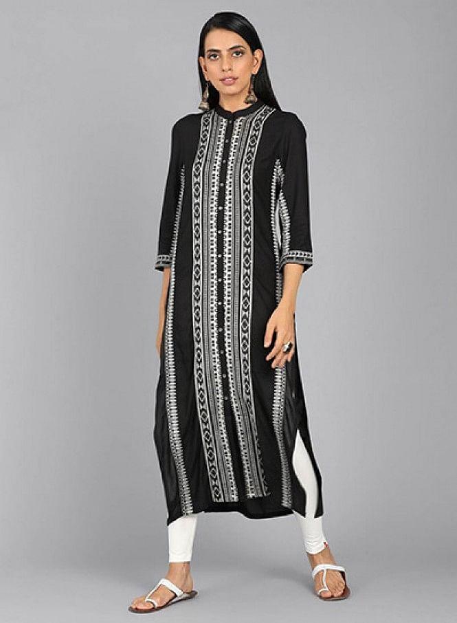 Black Mandarin Neck Printed kurta - wforwoman