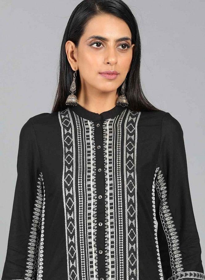 Black Mandarin Neck Printed kurta - wforwoman