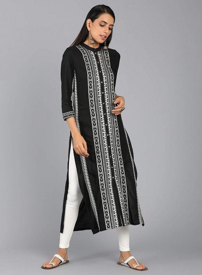 Black Mandarin Neck Printed kurta - wforwoman