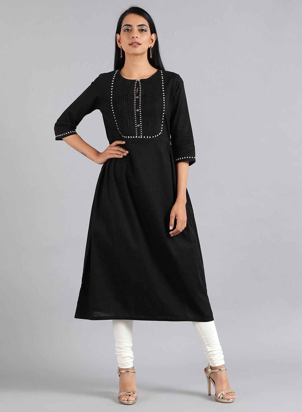 Black Round Neck Tasselled Tie-up kurta - wforwoman