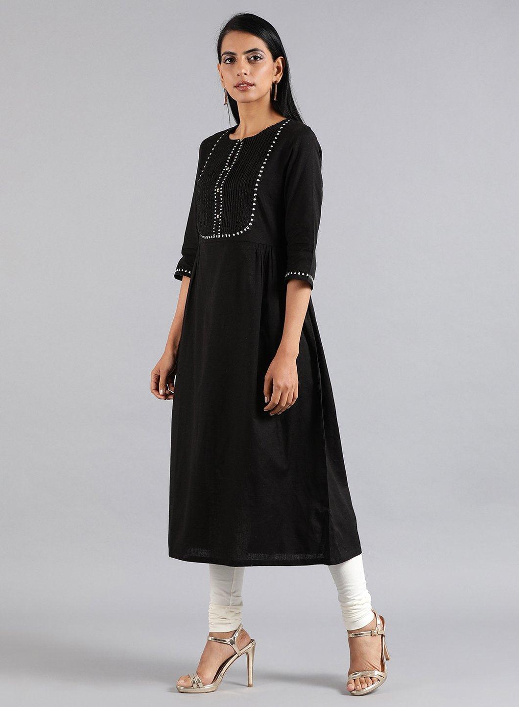 Black Round Neck Tasselled Tie-up kurta - wforwoman