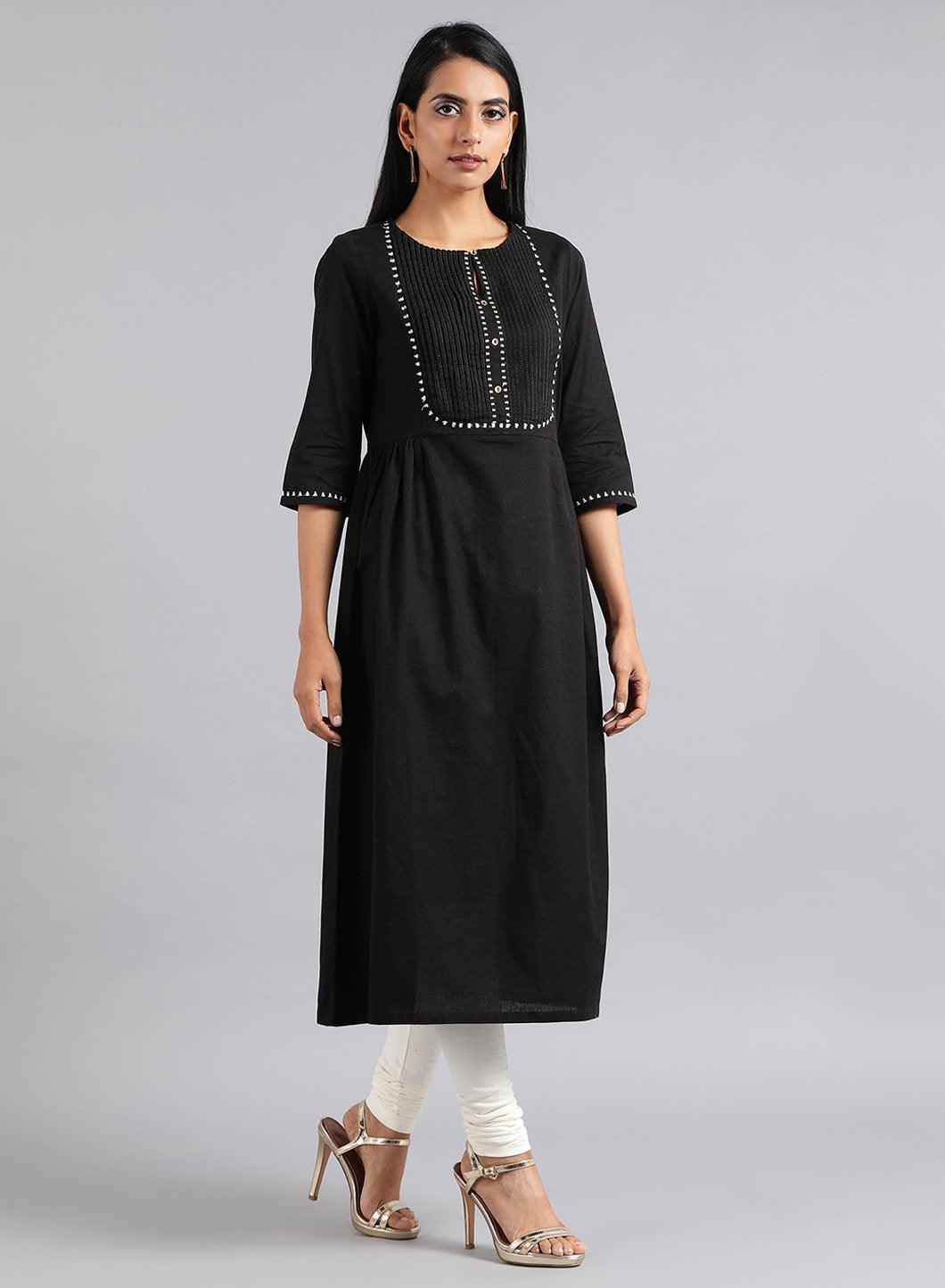 Black Round Neck Tasselled Tie-up kurta - wforwoman