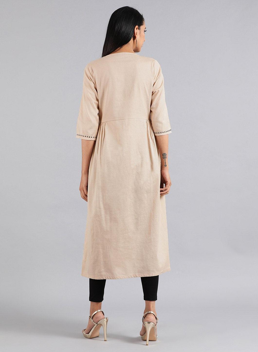 Beige Round Neck Tie-Up kurta - wforwoman