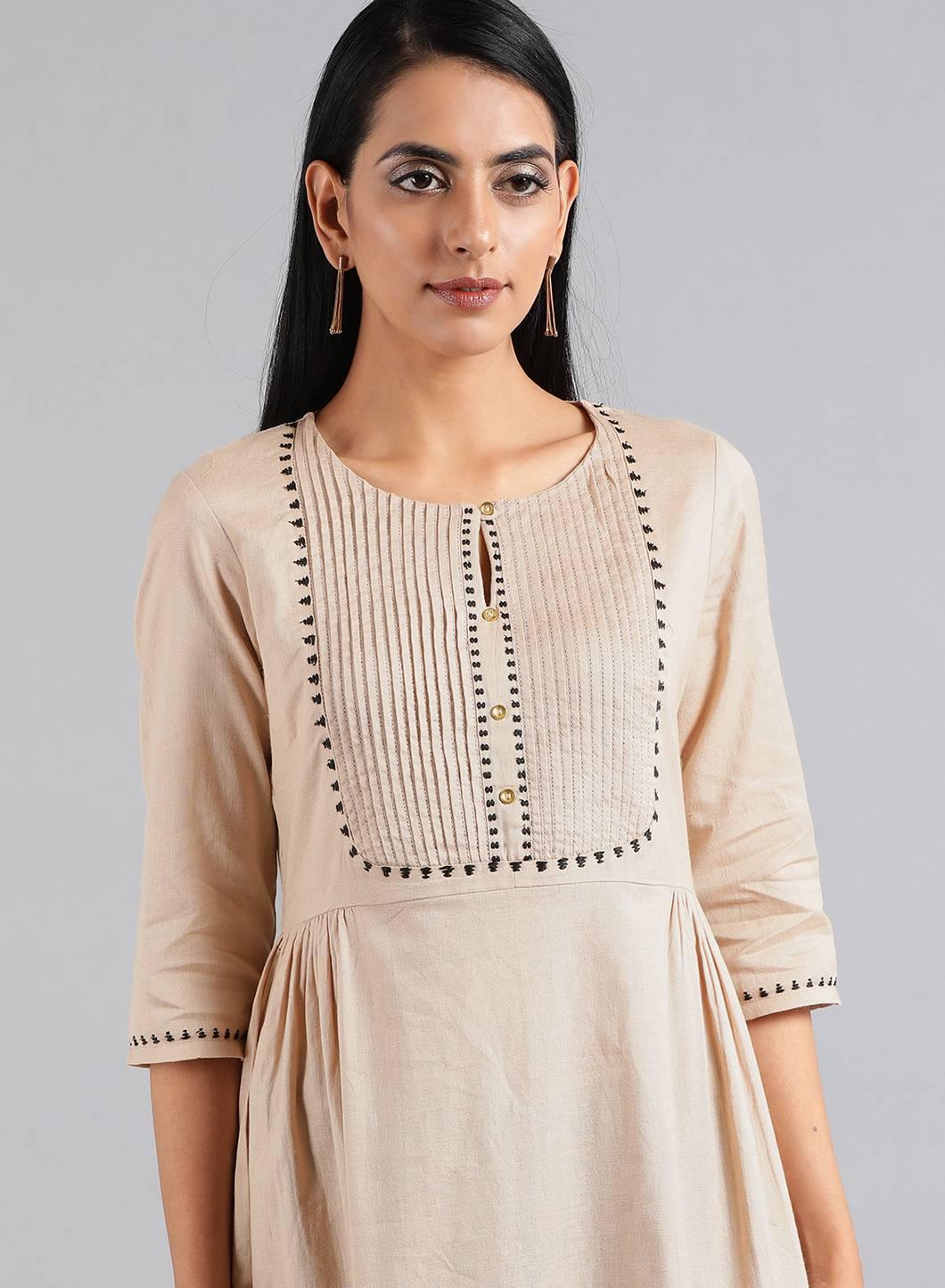 Beige Round Neck Tie-Up kurta - wforwoman