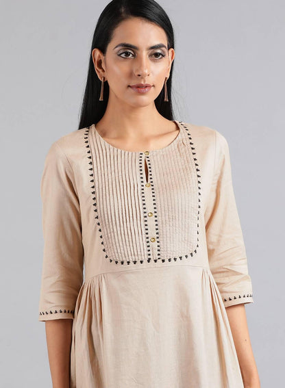 Beige Round Neck Tie-Up kurta - wforwoman