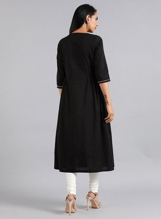 Black Round Neck Tasselled Tie-up kurta - wforwoman