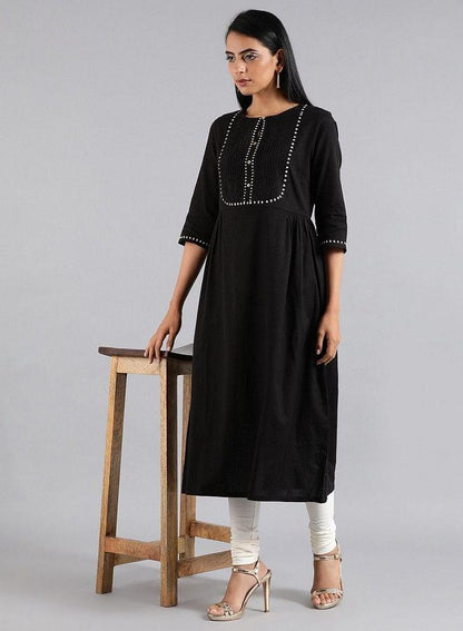 Black Round Neck Tasselled Tie-up kurta - wforwoman