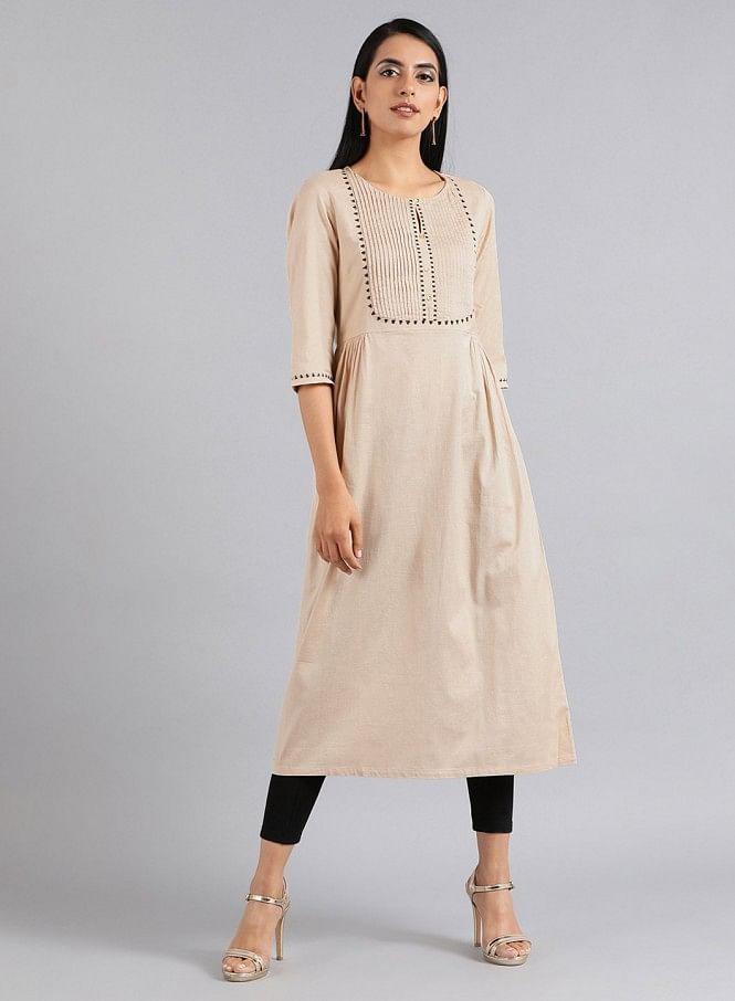 Beige Round Neck Tie-Up kurta - wforwoman