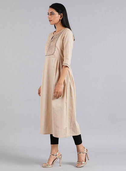 Beige Round Neck Tie-Up kurta - wforwoman