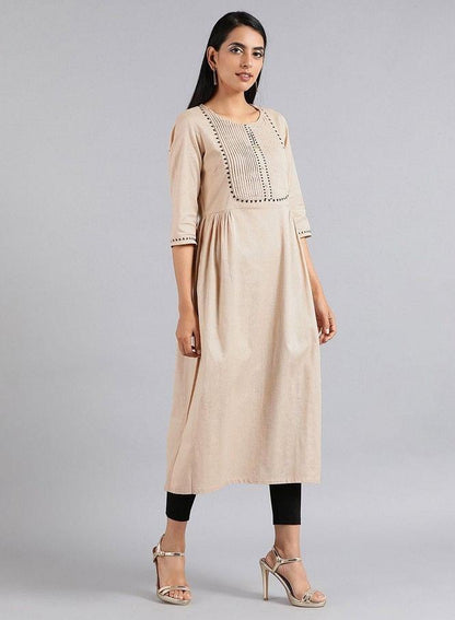 Beige Round Neck Tie-Up kurta - wforwoman