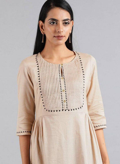 Beige Round Neck Tie-Up kurta - wforwoman