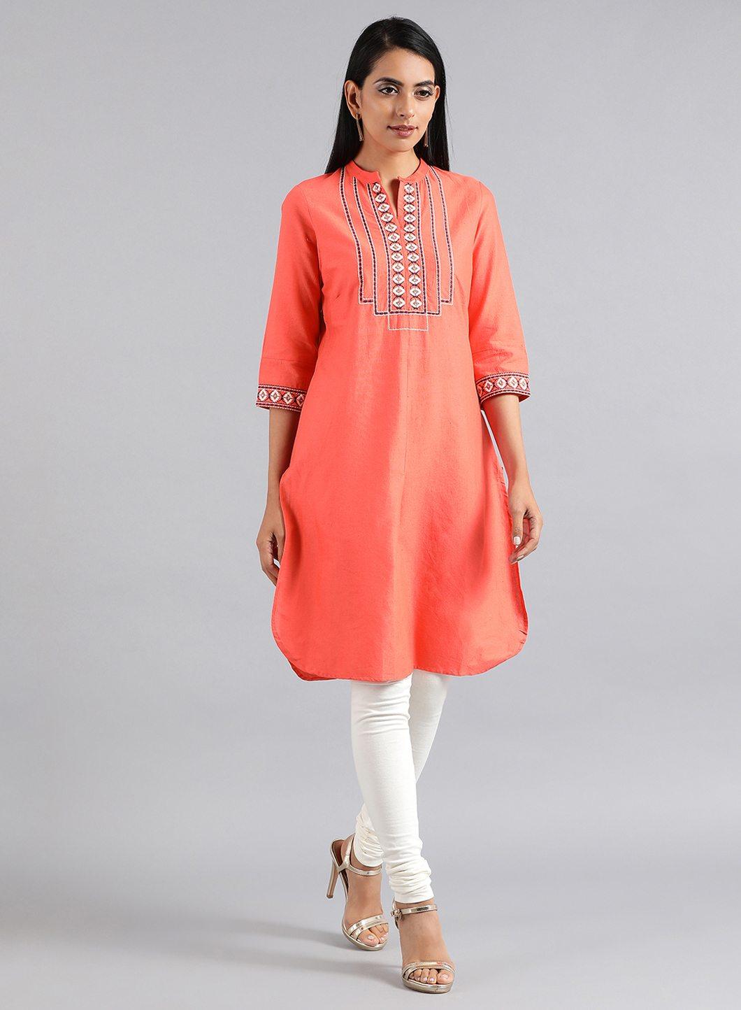 Peach Round Neck Tasselled kurta - wforwoman