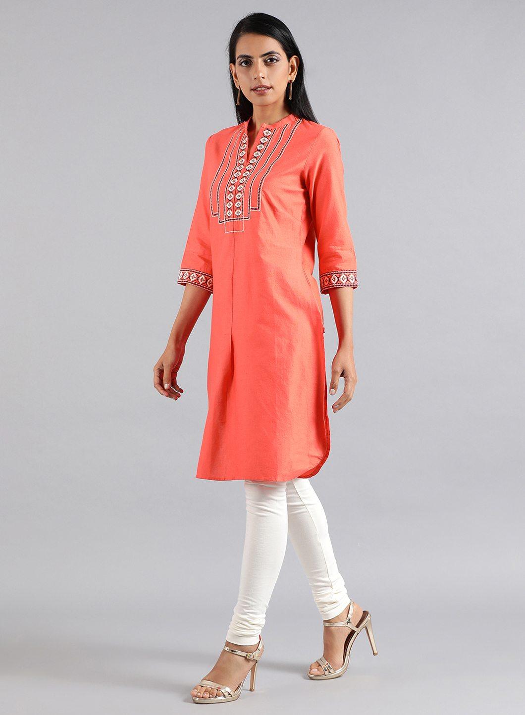 Peach Round Neck Tasselled kurta - wforwoman