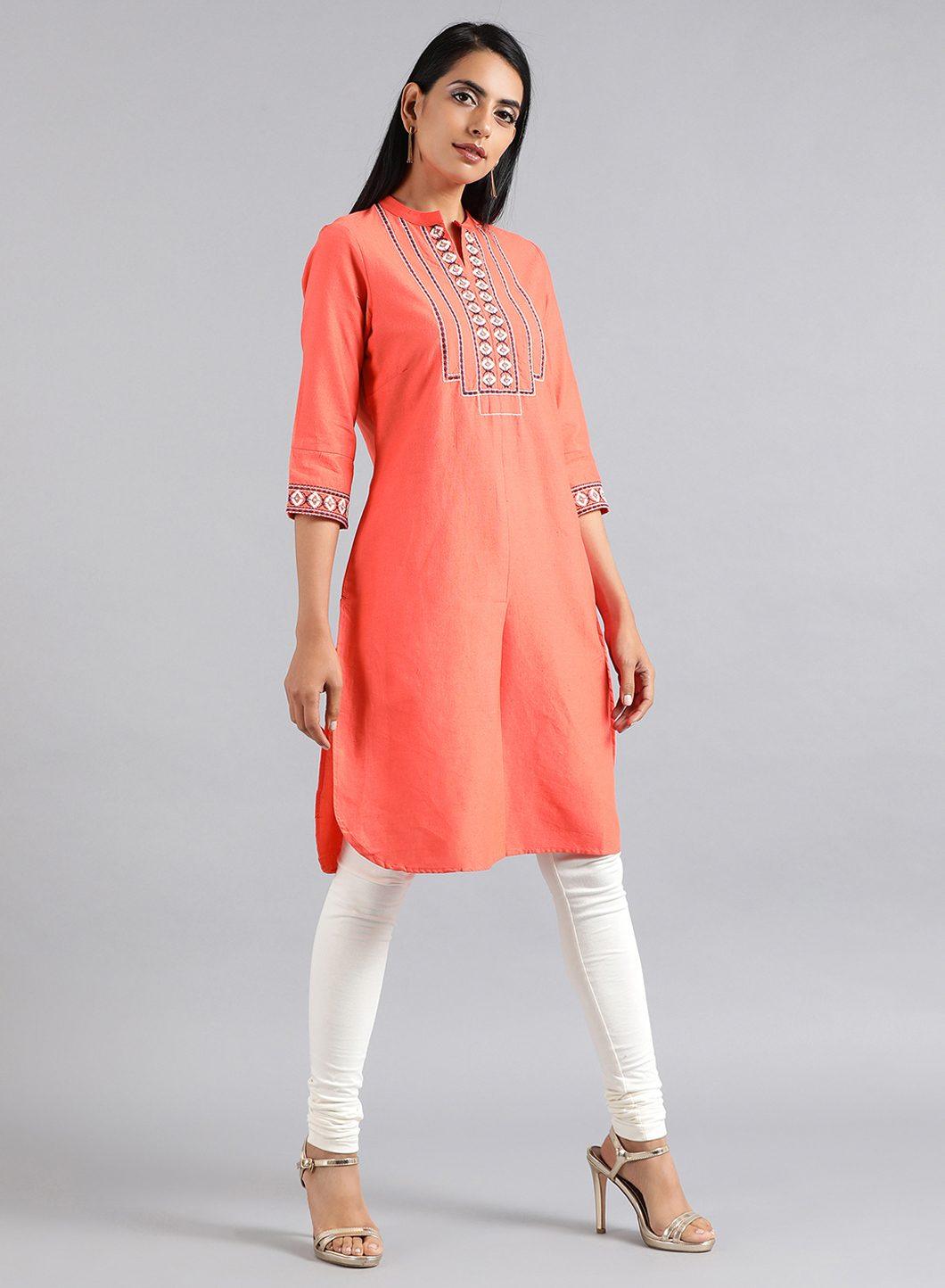 Peach Round Neck Tasselled kurta - wforwoman