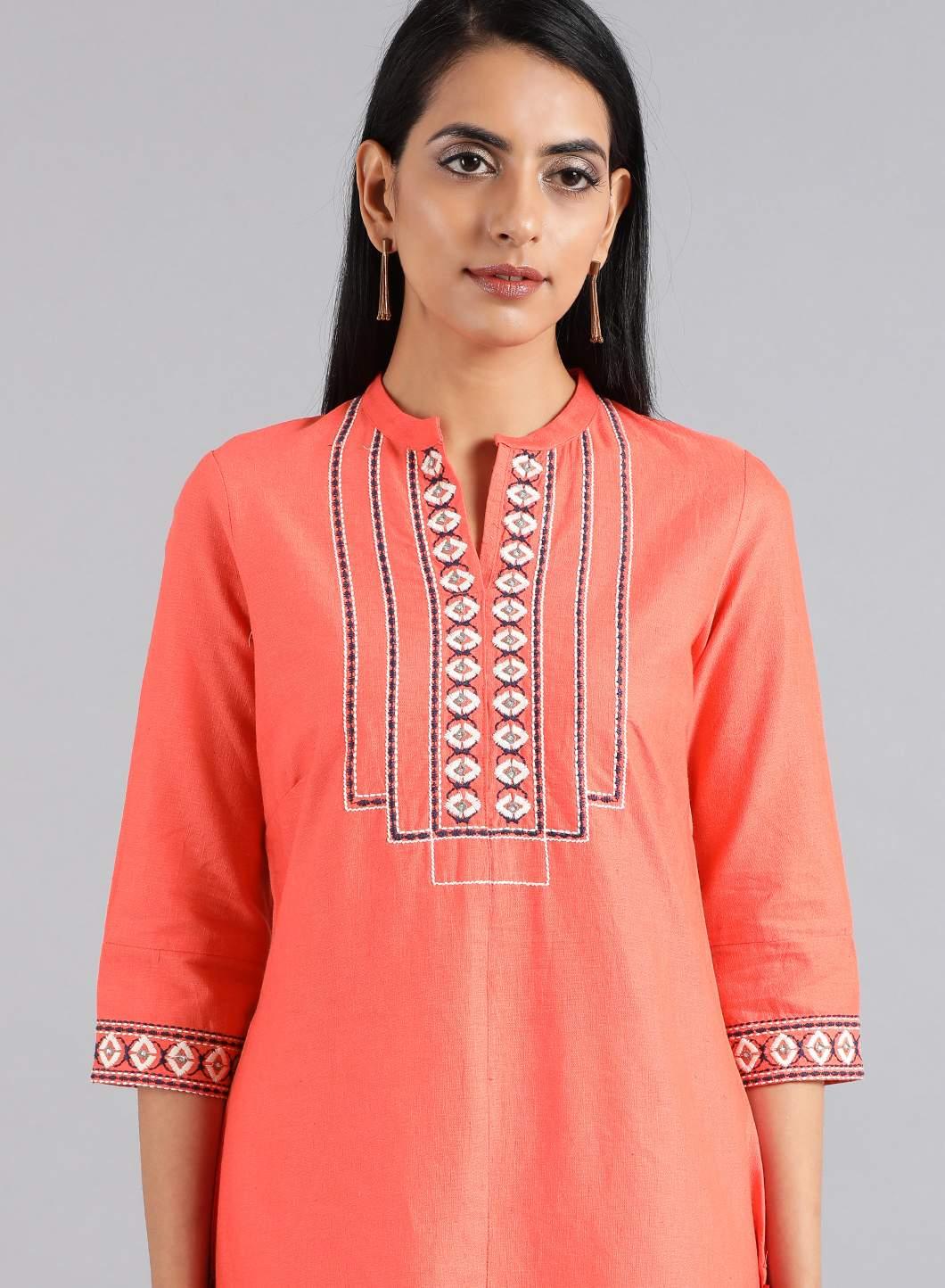 Peach Round Neck Tasselled kurta - wforwoman