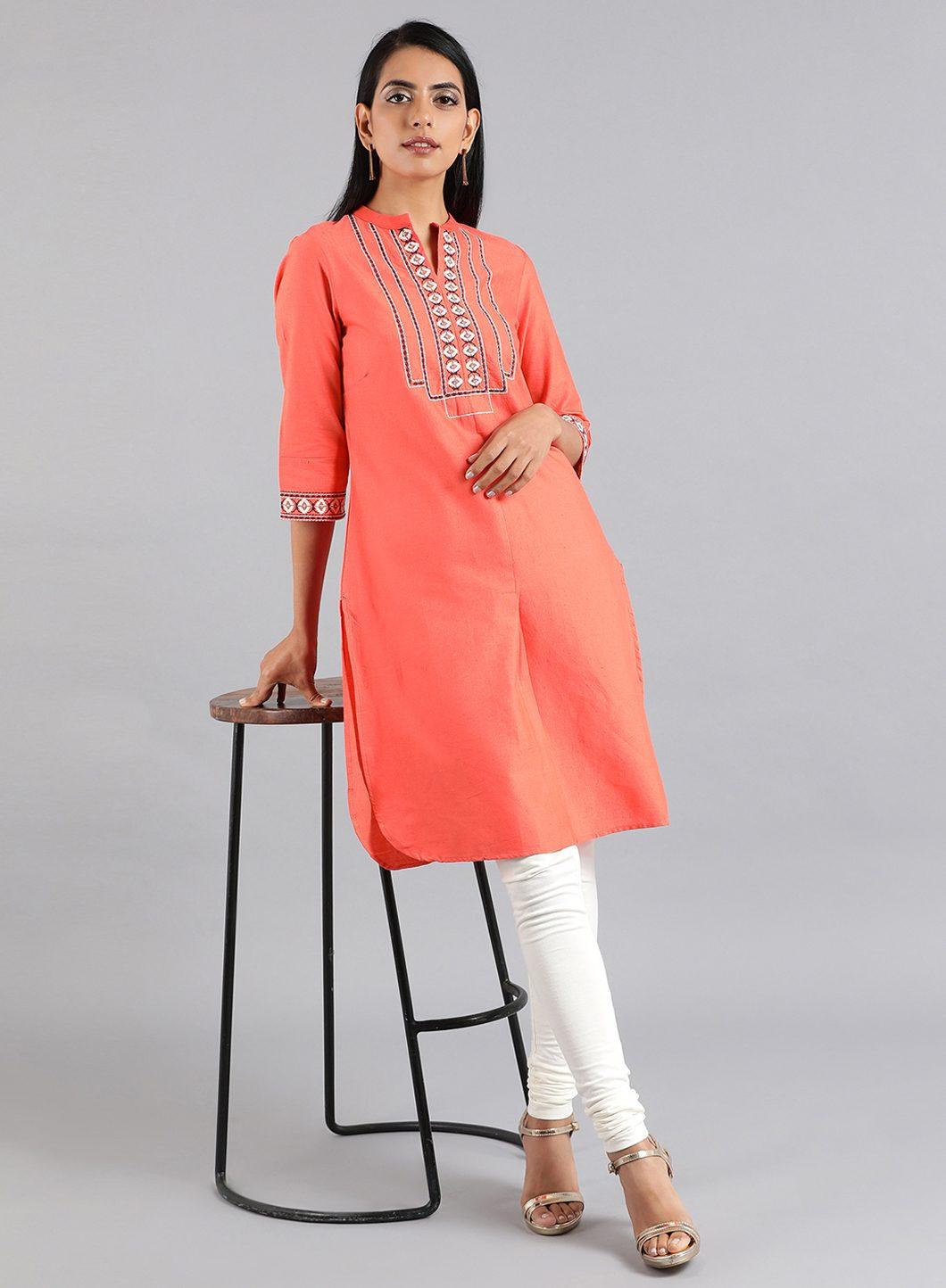 Peach Round Neck Tasselled kurta - wforwoman