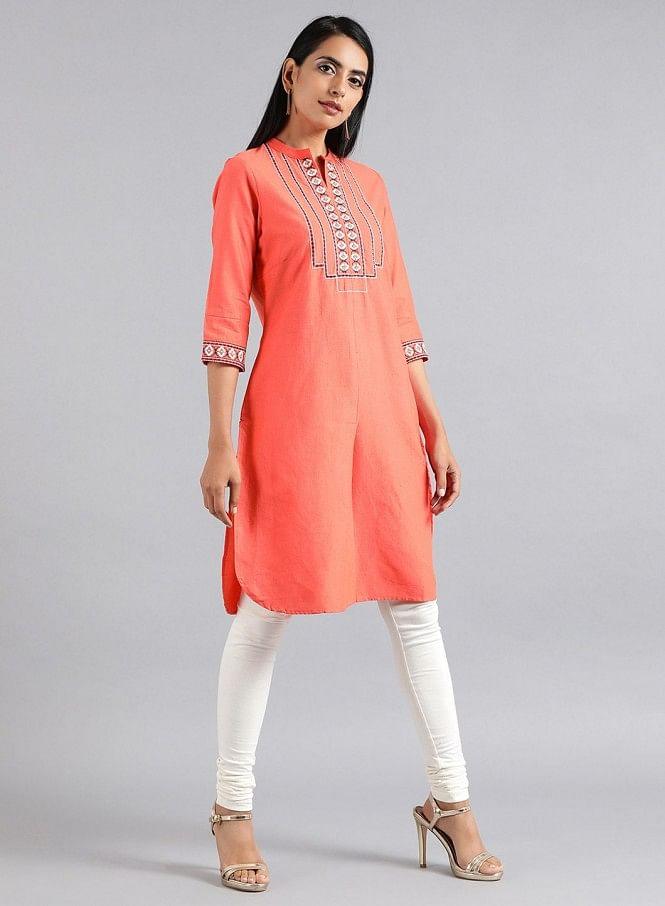 Peach Round Neck Tasselled kurta - wforwoman