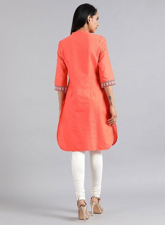 Peach Round Neck Tasselled kurta - wforwoman