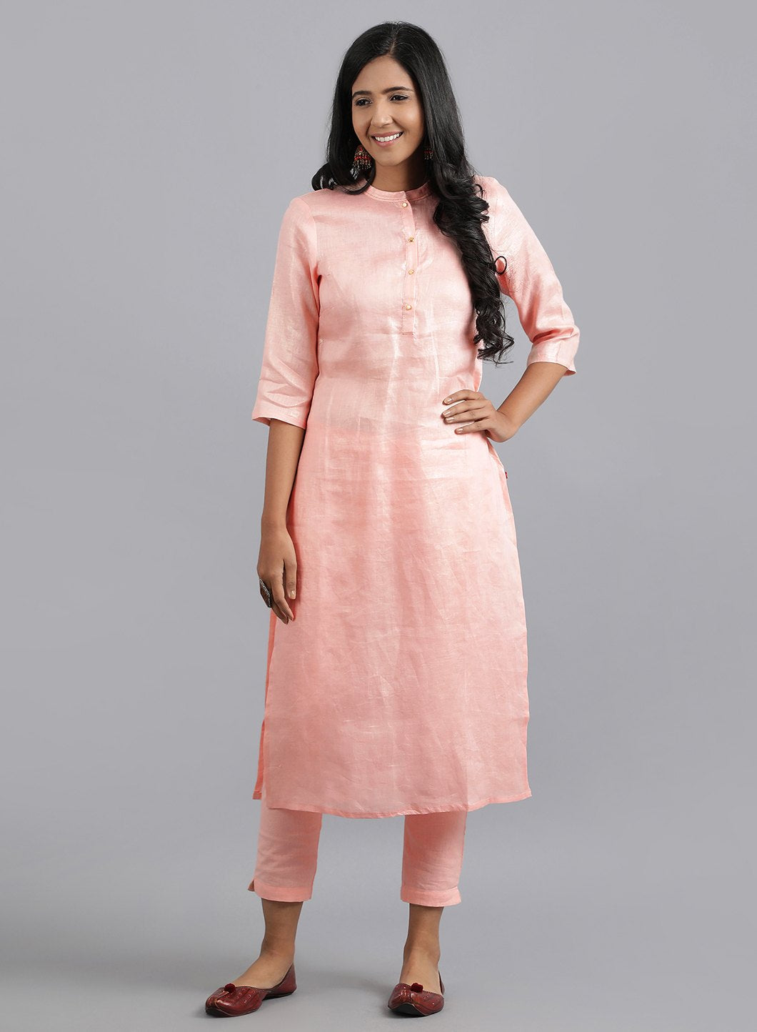 Peach Mandarin Neck Solid kurta