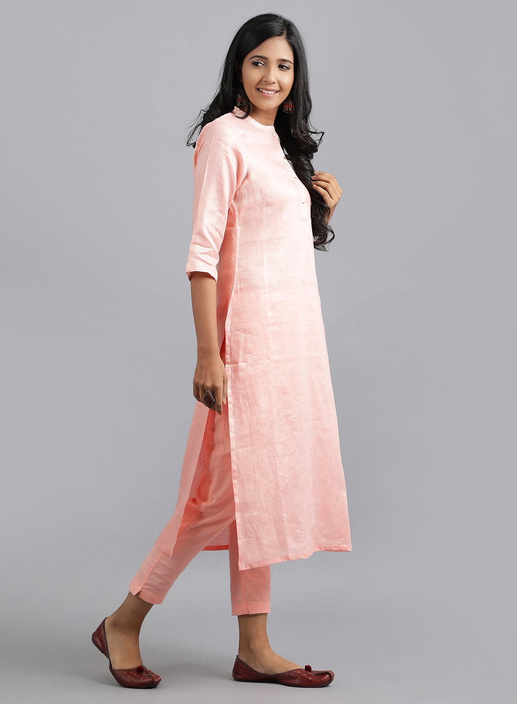 Peach Mandarin Neck Solid kurta