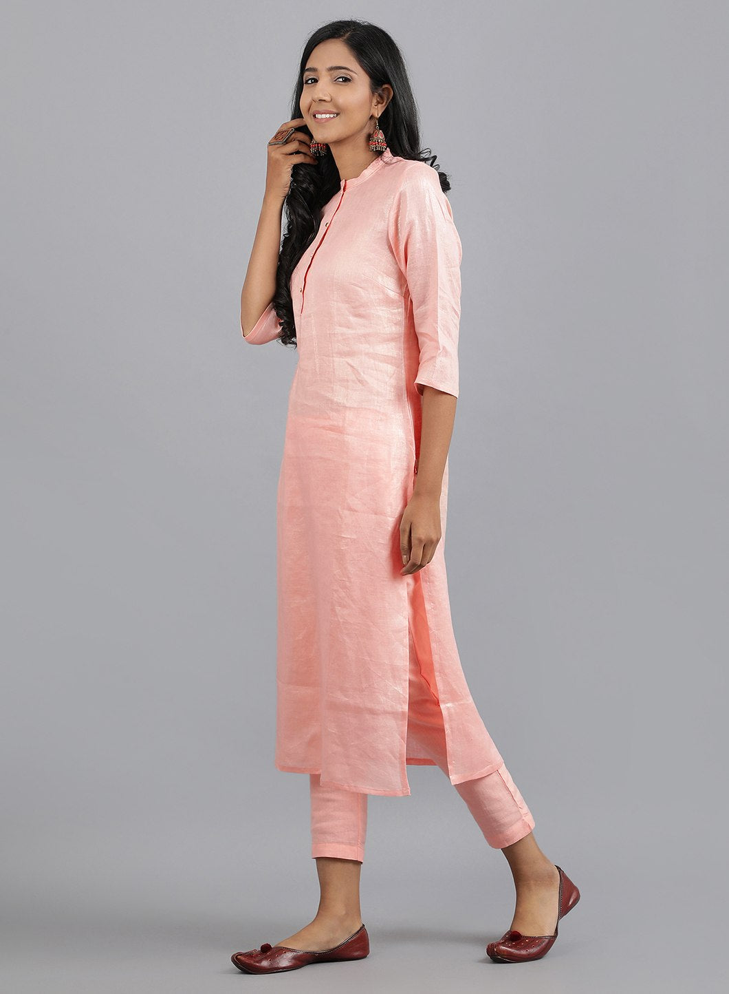 Peach Mandarin Neck Solid kurta