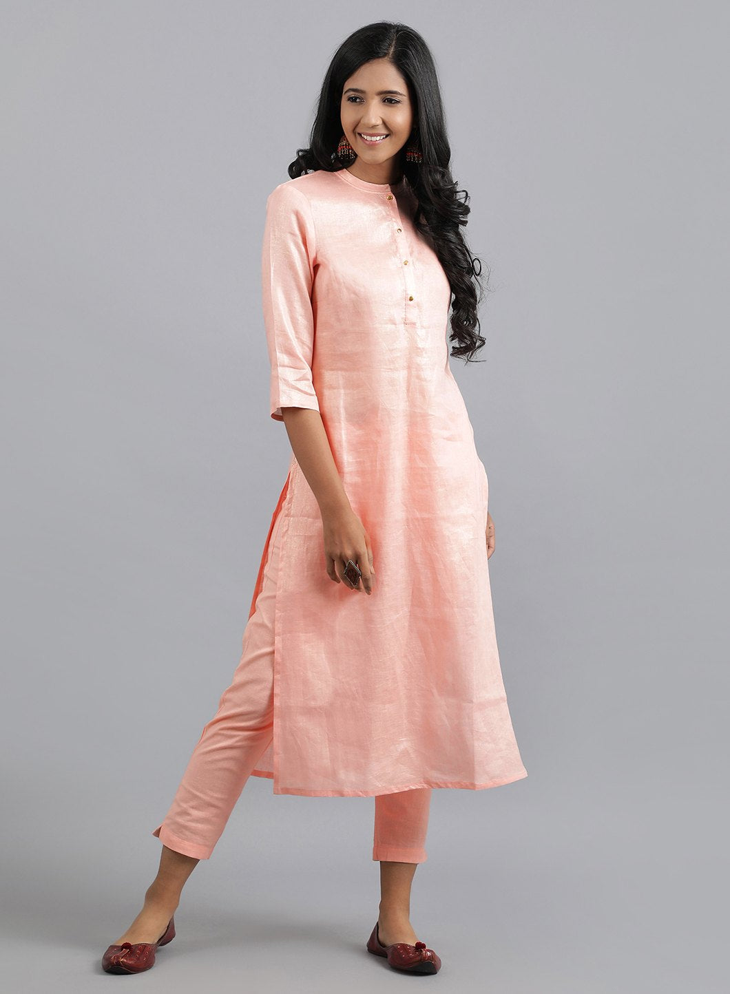 Peach Mandarin Neck Solid kurta