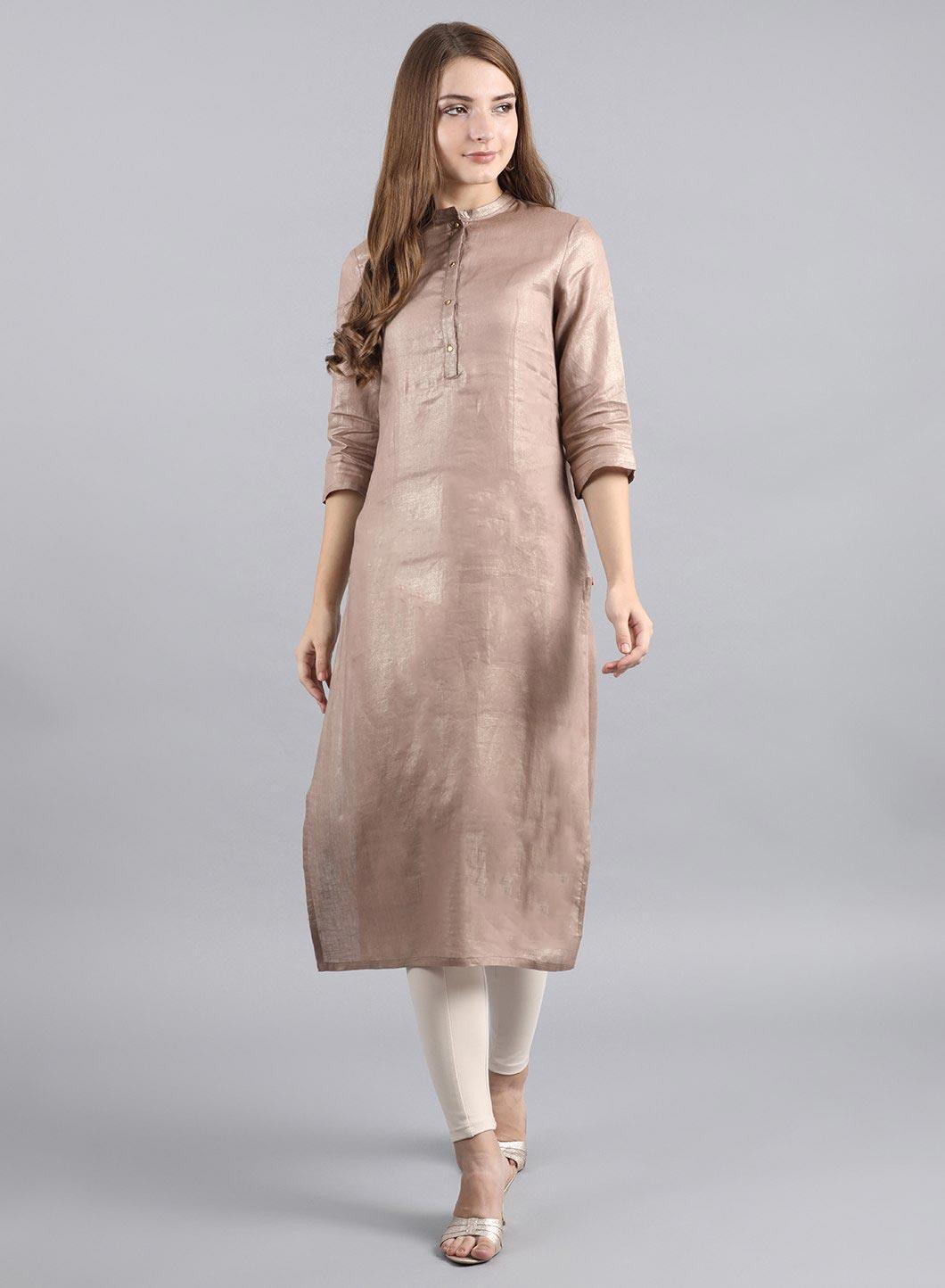 Brown Mandarin Neck Solid kurta - wforwoman