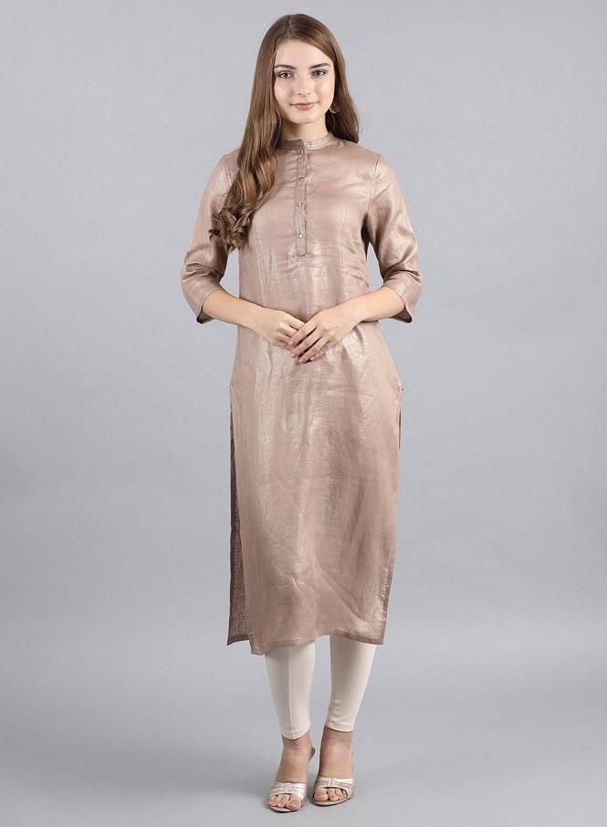 Brown Mandarin Neck Solid kurta - wforwoman