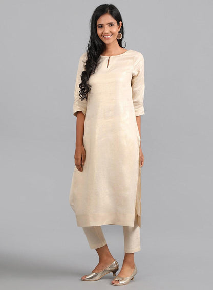 Golden Round Neck Foil Print kurta - wforwoman