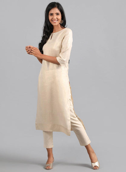 Golden Round Neck Foil Print kurta - wforwoman