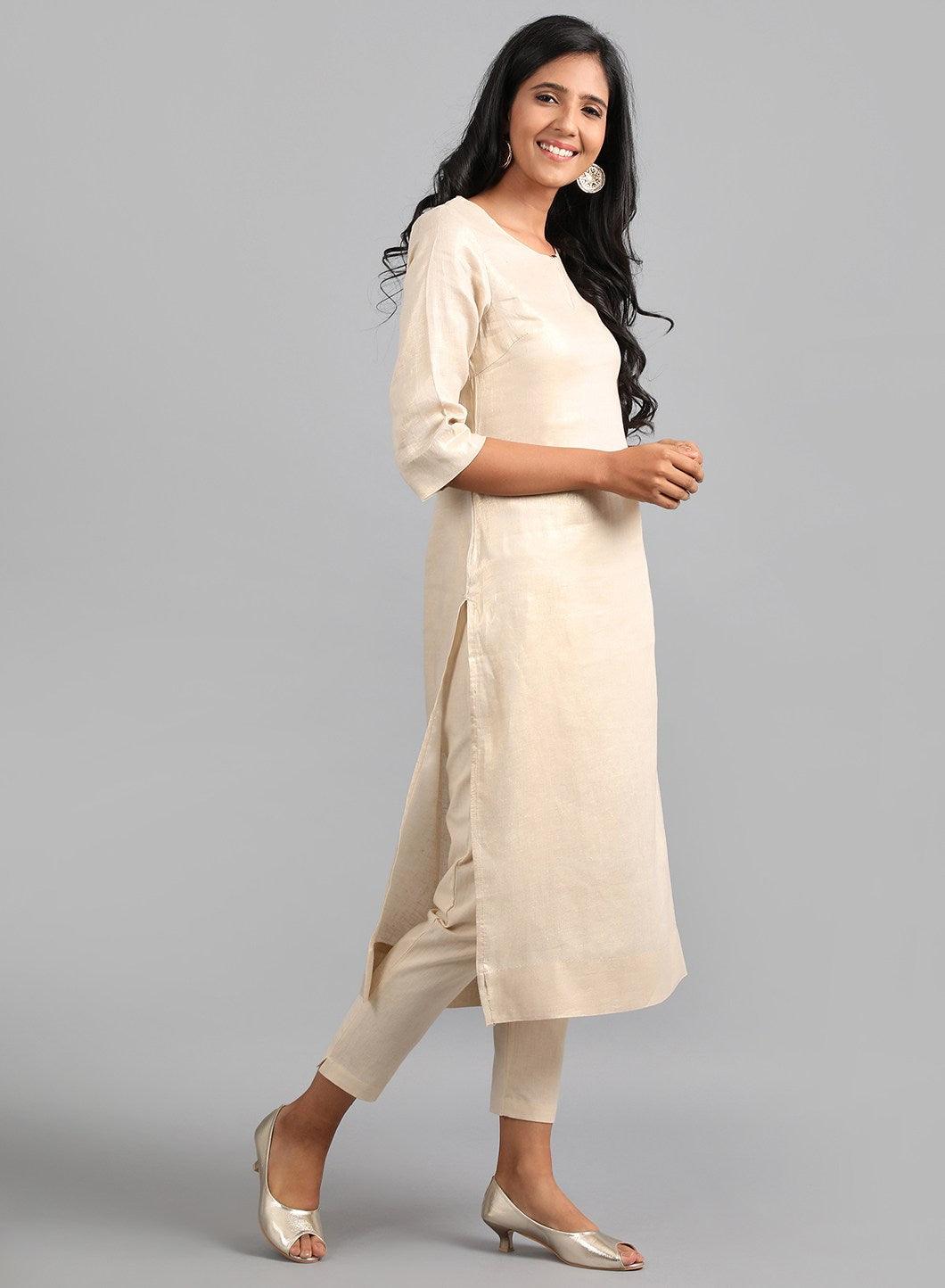 Golden Round Neck Foil Print kurta - wforwoman