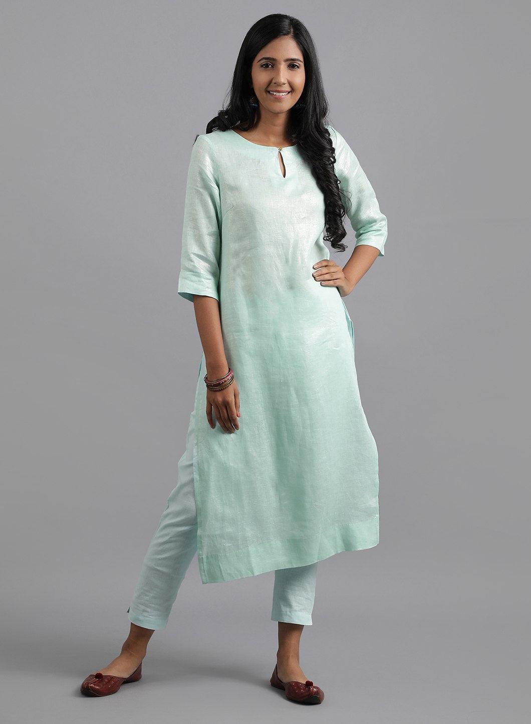 Light Blue Round Neck Foil Print kurta - wforwoman