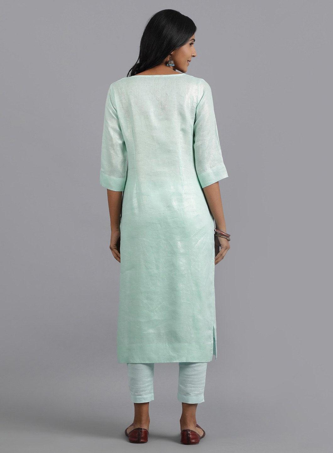 Light Blue Round Neck Foil Print kurta - wforwoman