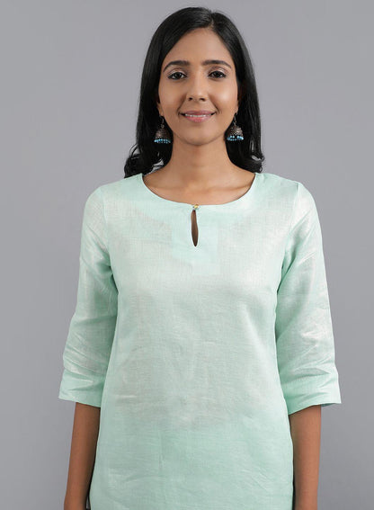 Light Blue Round Neck Foil Print kurta - wforwoman