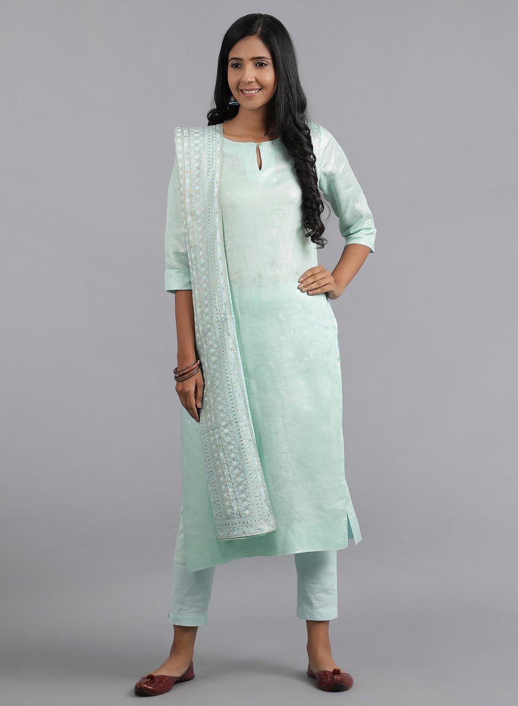 Light Blue Round Neck Foil Print kurta - wforwoman