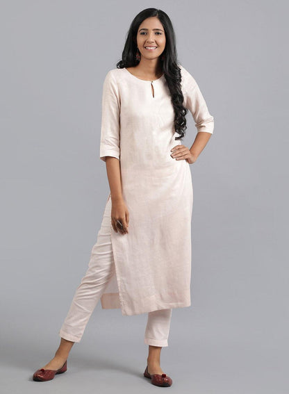 Light Pink Round Neck Foil Print kurta - wforwoman