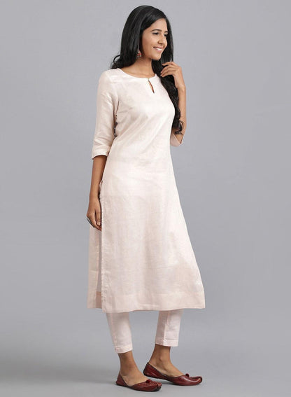 Light Pink Round Neck Foil Print kurta - wforwoman