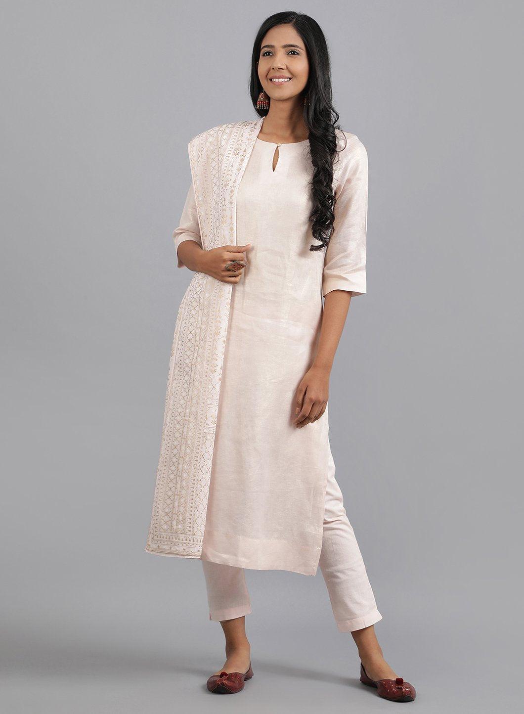 Light Pink Round Neck Foil Print kurta - wforwoman