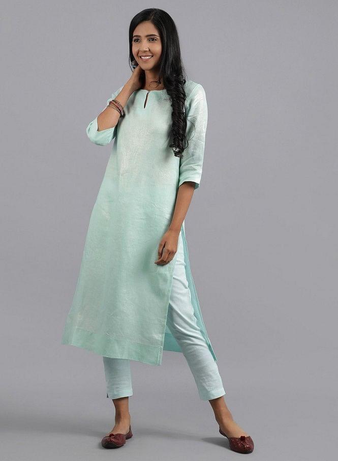 Light Blue Round Neck Foil Print kurta - wforwoman