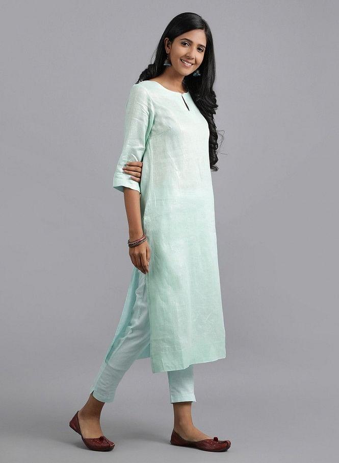 Light Blue Round Neck Foil Print kurta - wforwoman