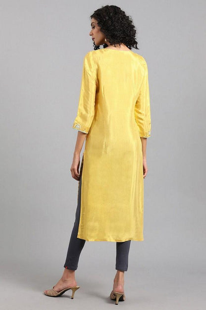Yellow Round Neck Printed kurta - wforwoman