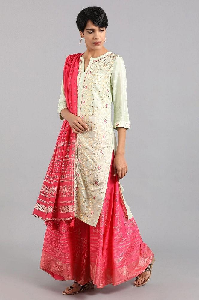 Green Round Neck Printed kurta - wforwoman