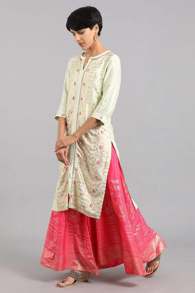 Green Round Neck Printed kurta - wforwoman