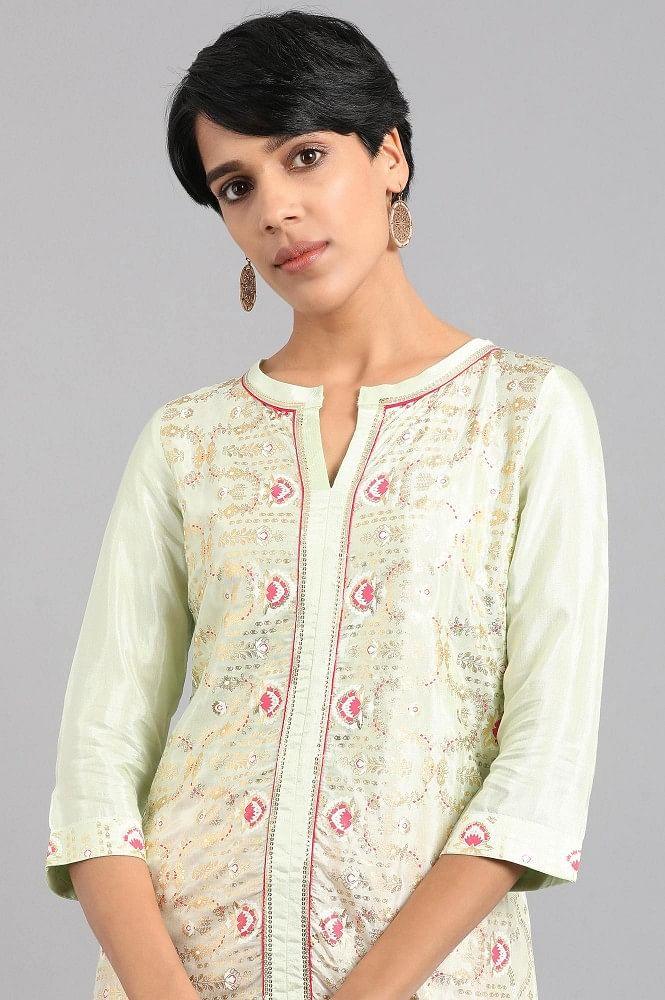 Green Round Neck Printed kurta - wforwoman