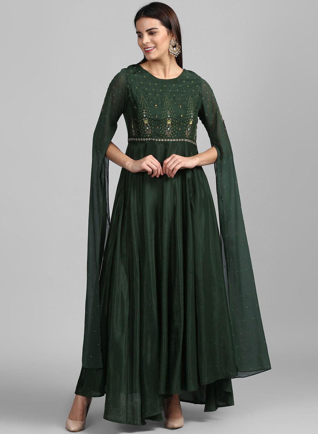 Green Round Neck Embroidered Gown - wforwoman